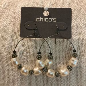 0152-Chico's Cream and Silver Beaded Hoop Earrings